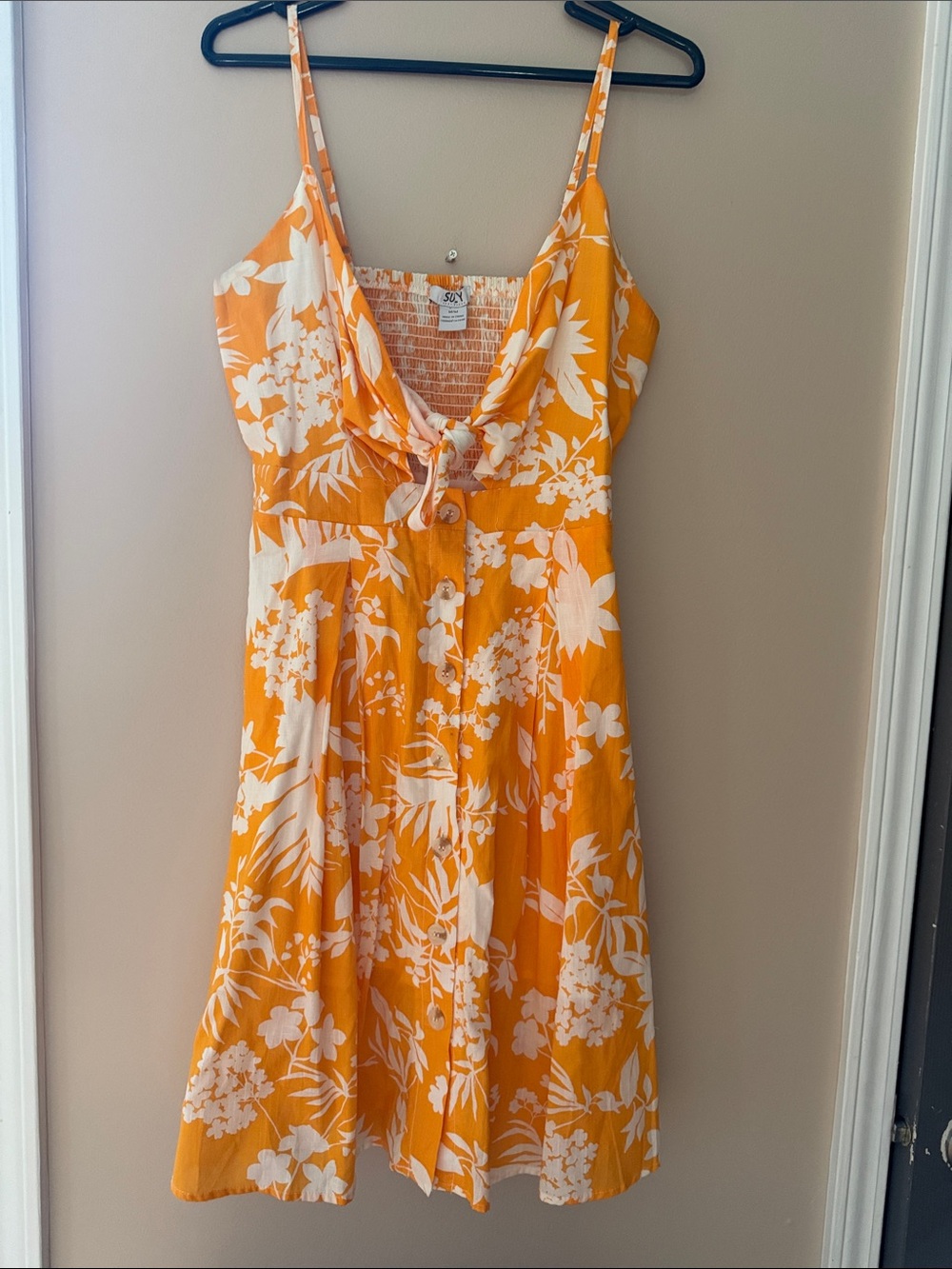 Suzy Shier Orange and White Floral Tie-Front linen Midi Dress